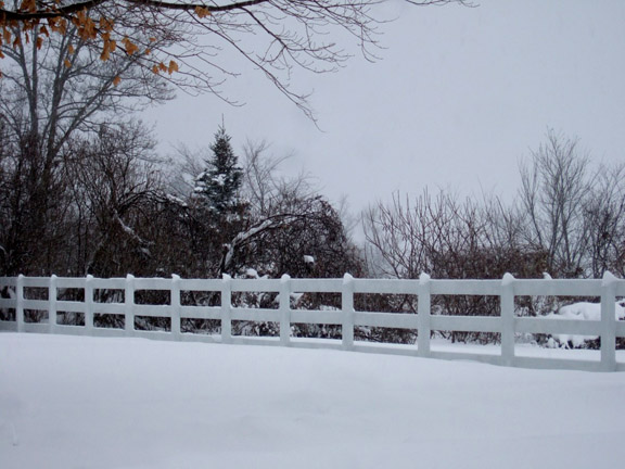white picket fence in snow